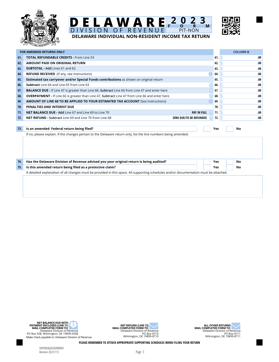 Form PIT-NON Delaware Individual Non-resident Income Tax Return - Delaware, Page 3