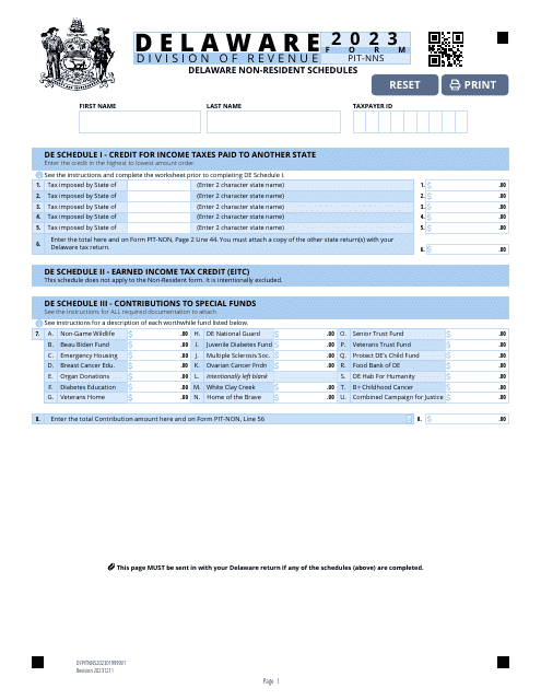 Form PIT-NNS Delaware Non-resident Schedules - Delaware, 2023