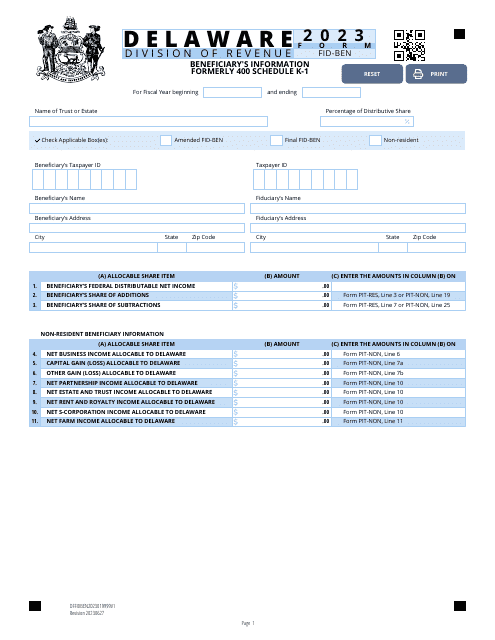 Form FID-BEN Beneficiary's Information - Delaware, 2023