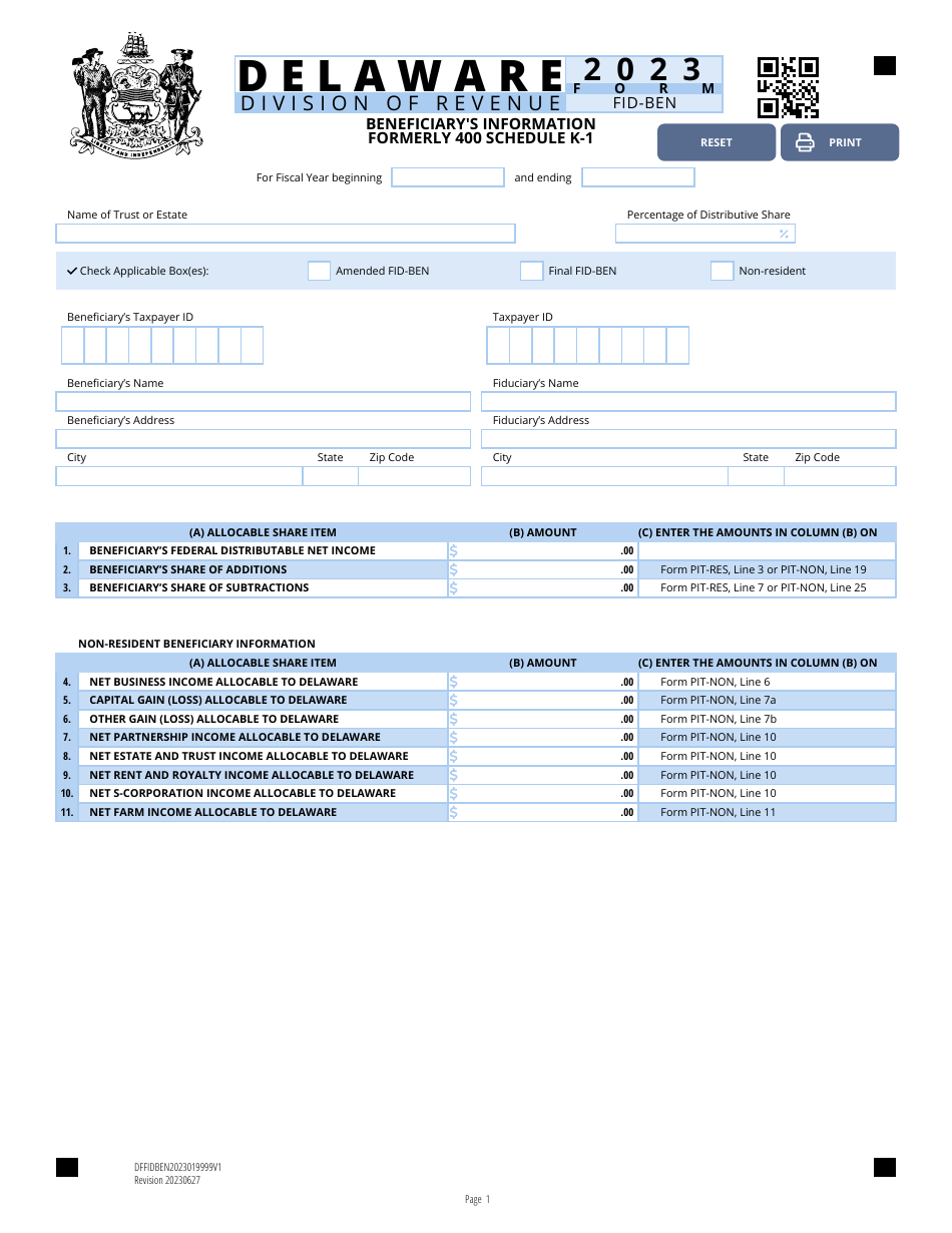 Form FID-BEN Beneficiarys Information - Delaware, Page 1