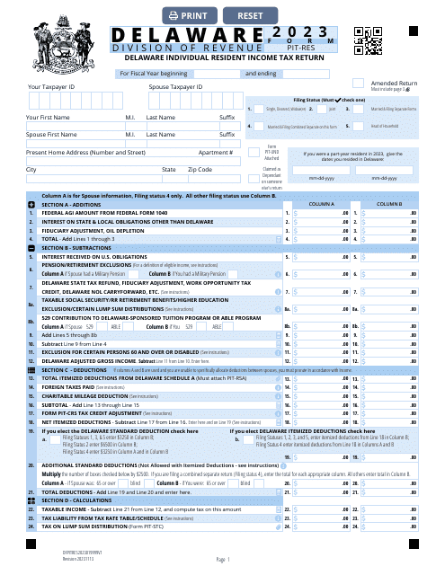 Form PIT-RES Delaware Individual Resident Income Tax Return - Delaware, 2023