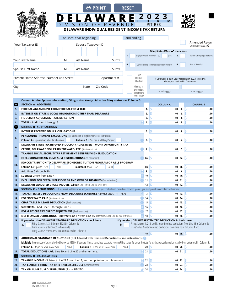 Form PIT-RES Delaware Individual Resident Income Tax Return - Delaware, Page 1