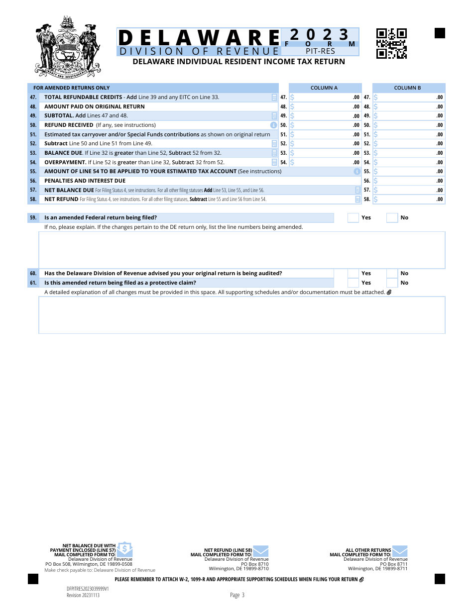 Form PIT-RES Delaware Individual Resident Income Tax Return - Delaware, Page 3