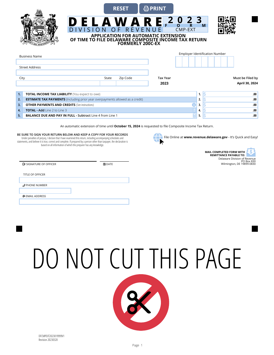 Form CMP-EXT Application for Automatic Extension of Time to File Delaware Composite Income Tax Return - Delaware, Page 1