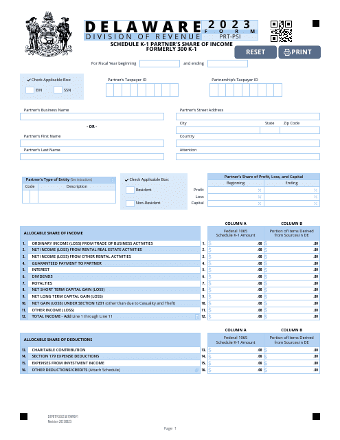 Form PRT-PSI Schedule K-1 Partner's Share of Income - Delaware, 2023