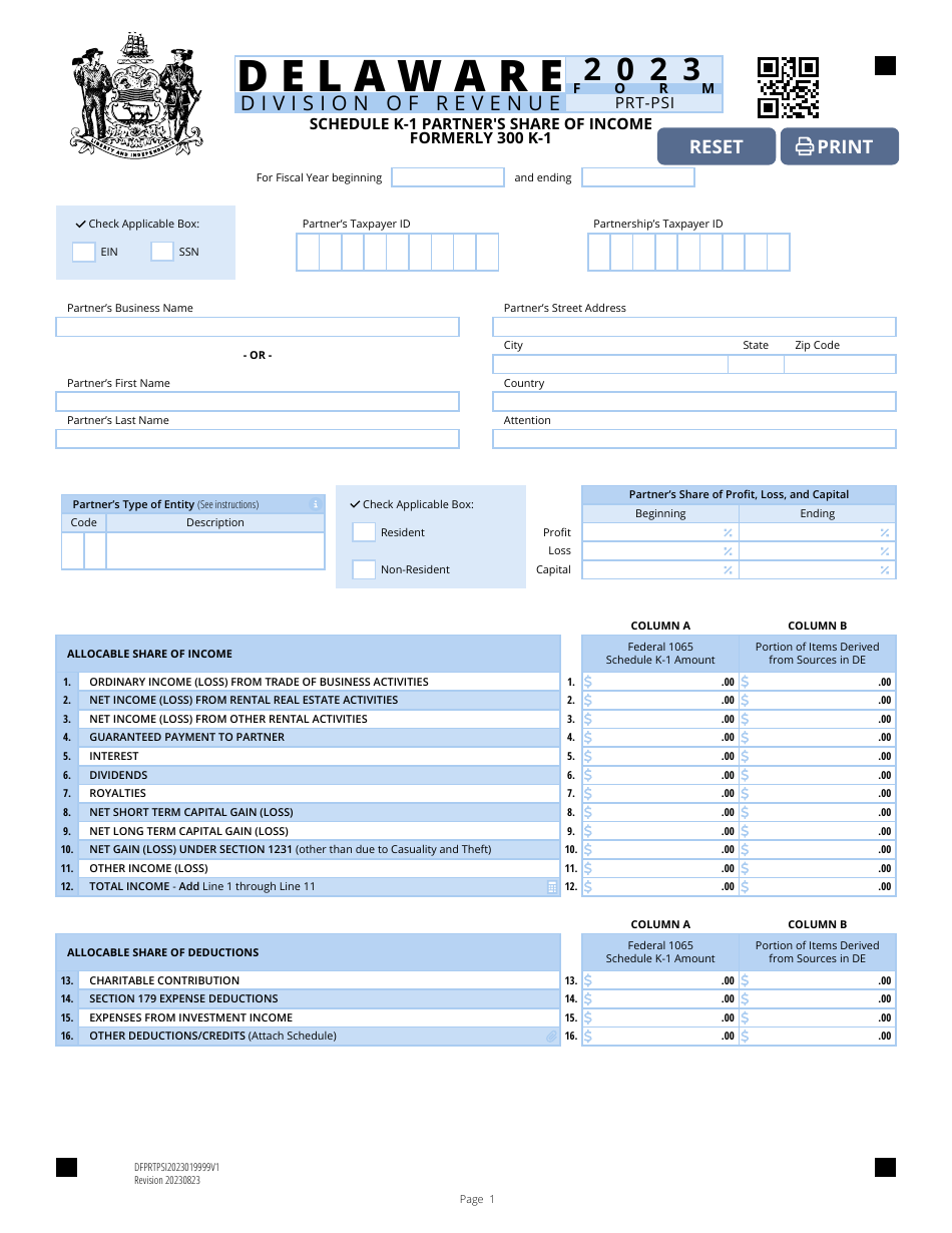 Form PRT-PSI Schedule K-1 Partners Share of Income - Delaware, Page 1