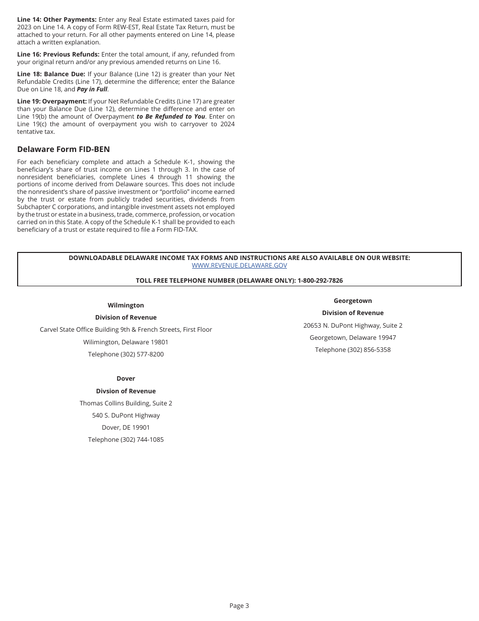 Instructions for Form FID-TAX Fiduciary Income Tax Return - Delaware, Page 3