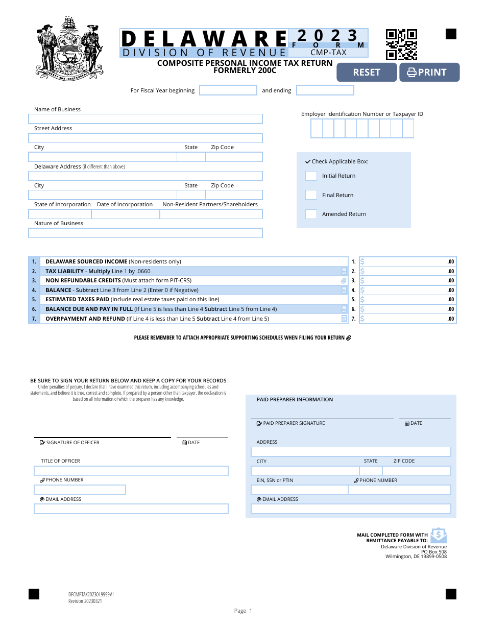 Form CMP-TAX Composite Personal Income Tax Return - Delaware, Page 1