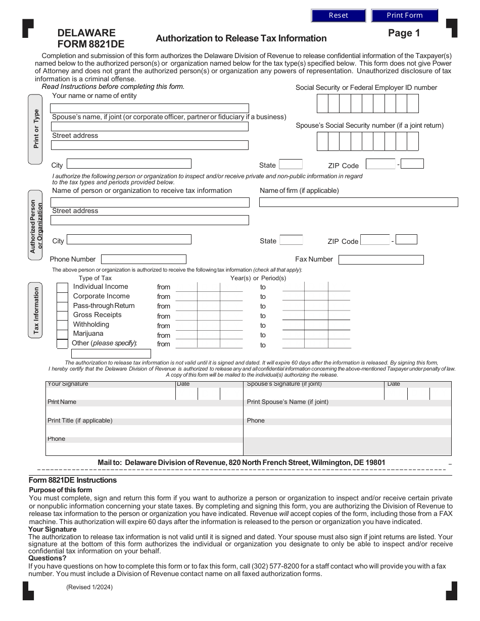 Form 8821DE Download Fillable PDF or Fill Online Authorization to ...