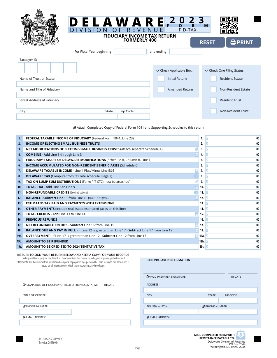 Form FID-TAX Fiduciary Income Tax Return - Delaware, Page 1