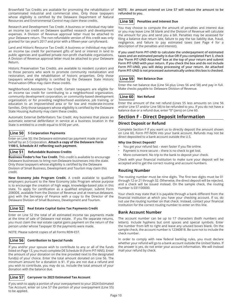 Instructions for Form PIT-NON Delaware Individual Non-resident Income Tax Return - Delaware, Page 10