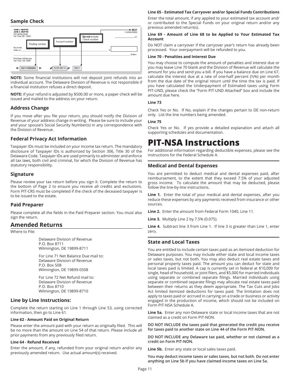 Instructions for Form PIT-NON Delaware Individual Non-resident Income Tax Return - Delaware, Page 11