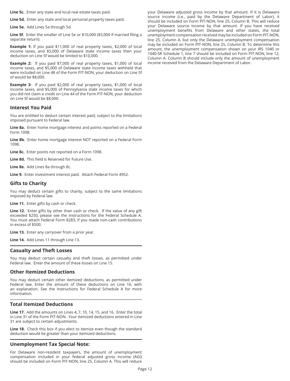 Instructions for Form PIT-NON Delaware Individual Non-resident Income Tax Return - Delaware, Page 12
