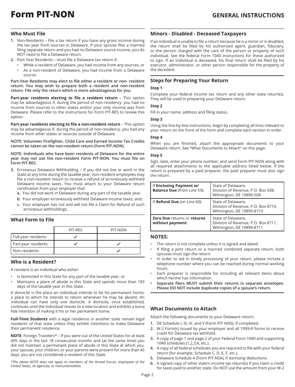 Instructions for Form PIT-NON Delaware Individual Non-resident Income Tax Return - Delaware, Page 2