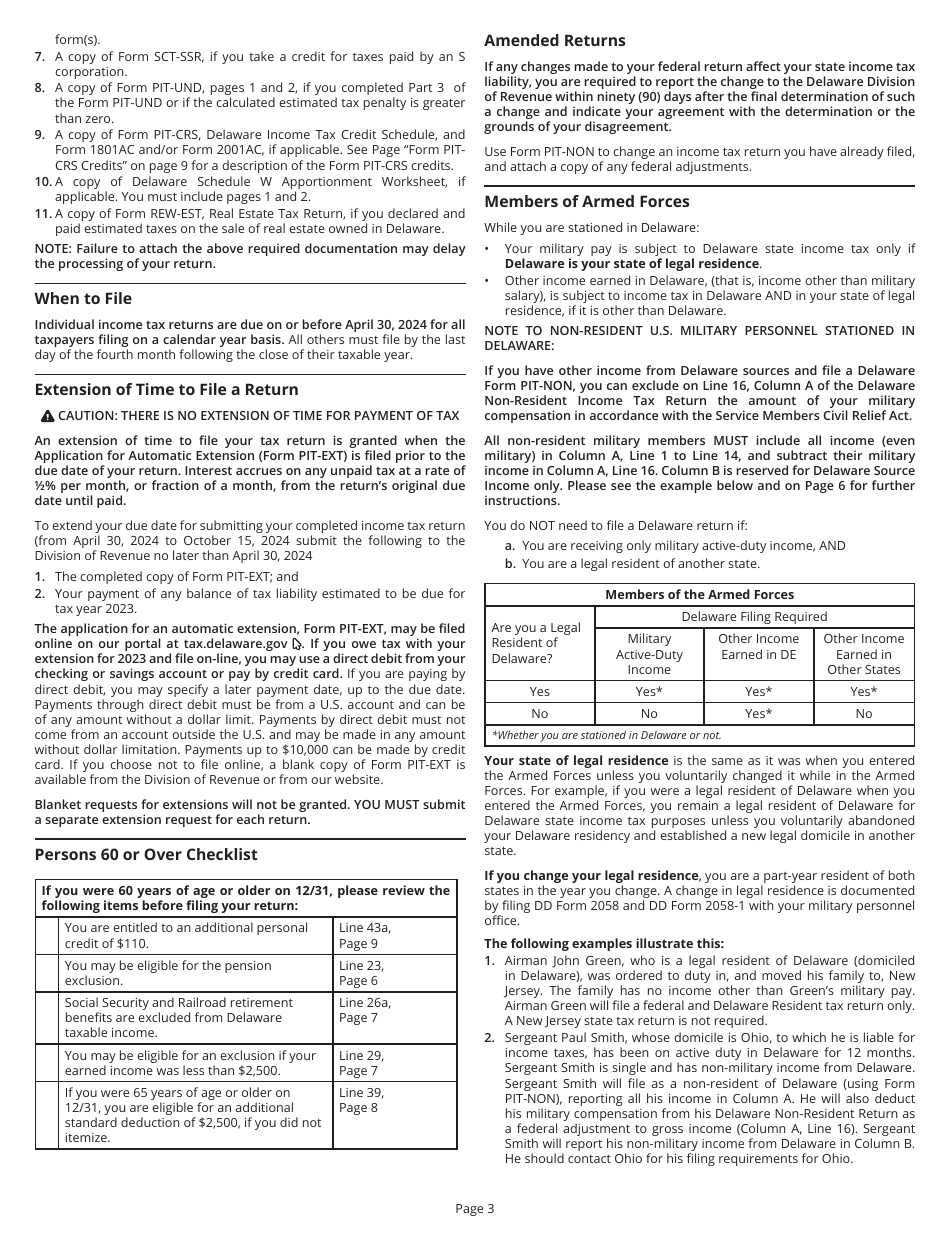 Instructions for Form PIT-NON Delaware Individual Non-resident Income Tax Return - Delaware, Page 3