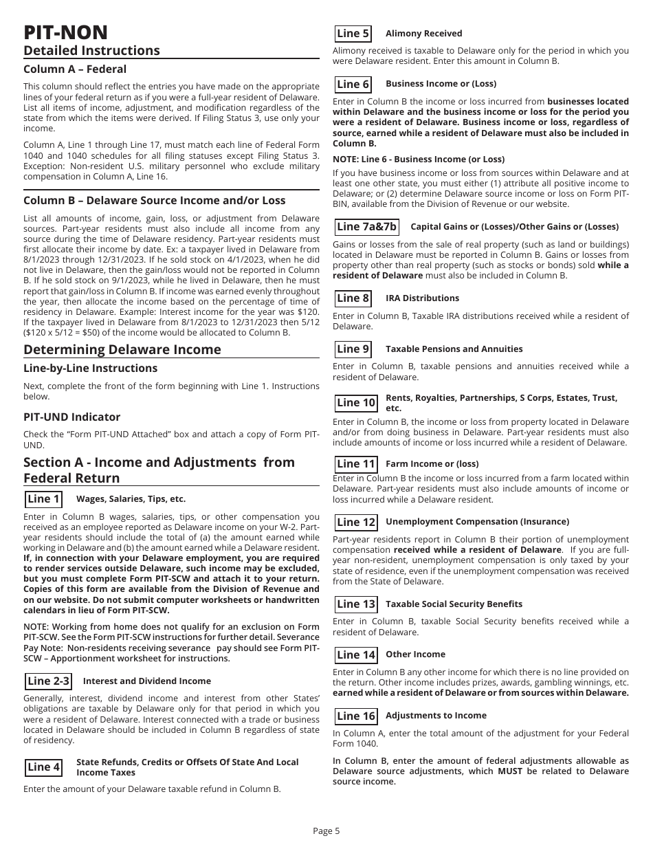 Instructions for Form PIT-NON Delaware Individual Non-resident Income Tax Return - Delaware, Page 5