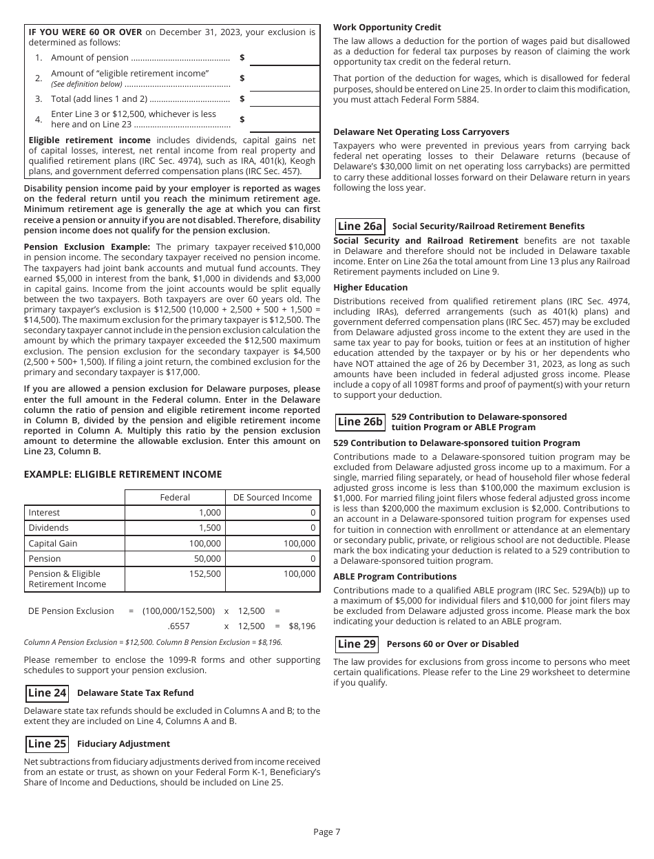 Instructions for Form PIT-NON Delaware Individual Non-resident Income Tax Return - Delaware, Page 7
