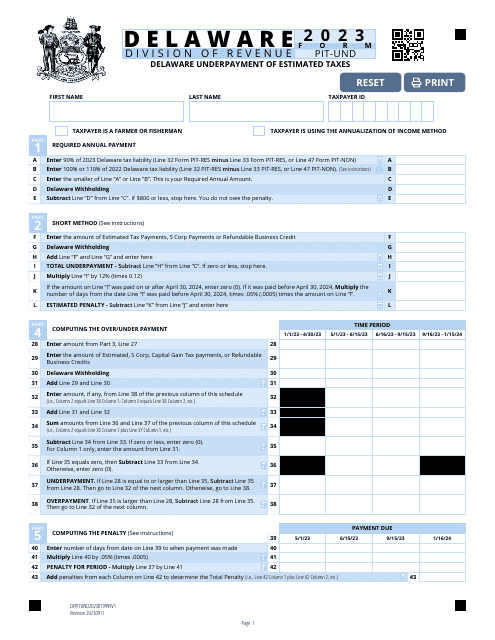 Form PIT-UND Delaware Underpayment of Estimated Taxes - Delaware, 2023