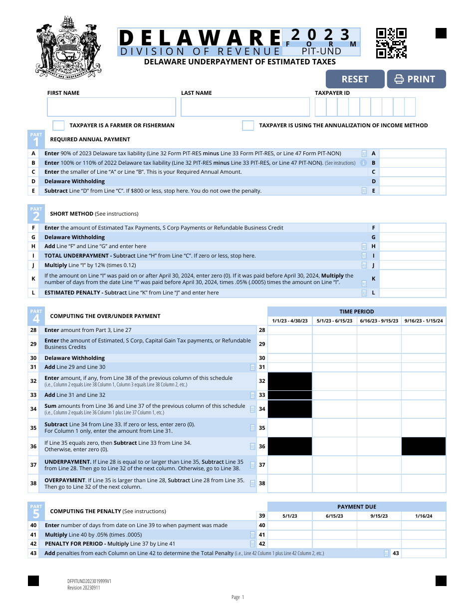 Form PITUND Download Fillable PDF or Fill Online Delaware Underpayment