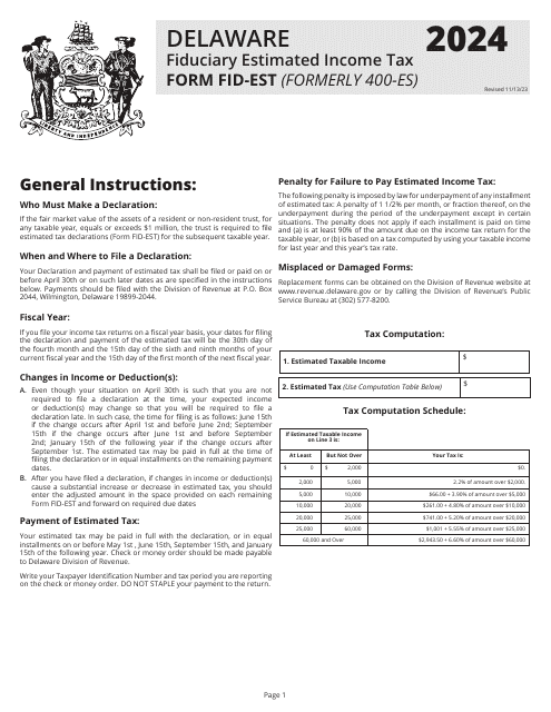 Instructions for Form FID-EST Declaration of Estimated Fiduciary Income Tax - Delaware, 2024