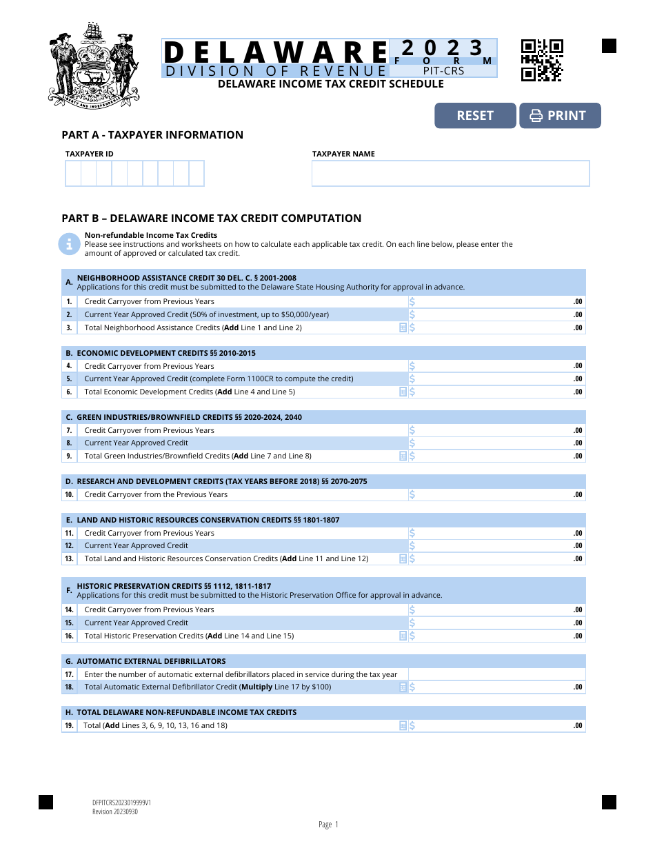 Form PIT CRS Download Fillable PDF Or Fill Online Delaware Income Tax   Form Pit Crs Delaware Income Tax Credit Schedule Delaware Print Big 