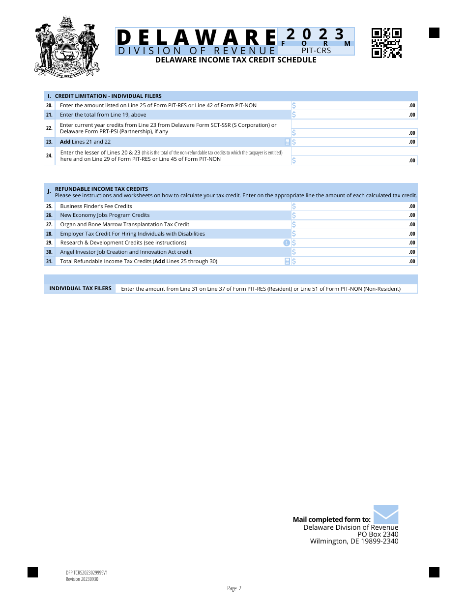 Form PIT-CRS Delaware Income Tax Credit Schedule - Delaware, Page 2