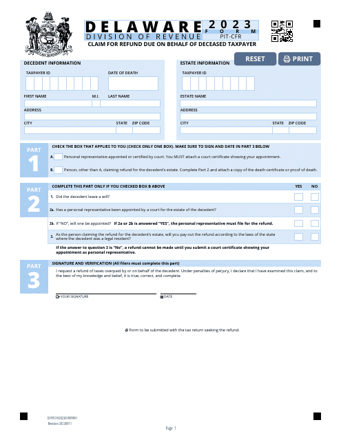 Form PIT-CFR Claim for Refund Due on Behalf of Deceased Taxpayer - Delaware, 2023