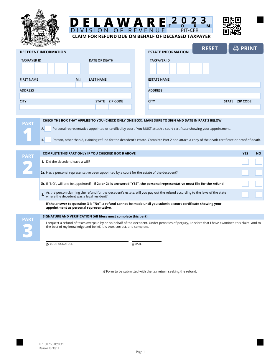 Form PIT-CFR Claim for Refund Due on Behalf of Deceased Taxpayer - Delaware, Page 1