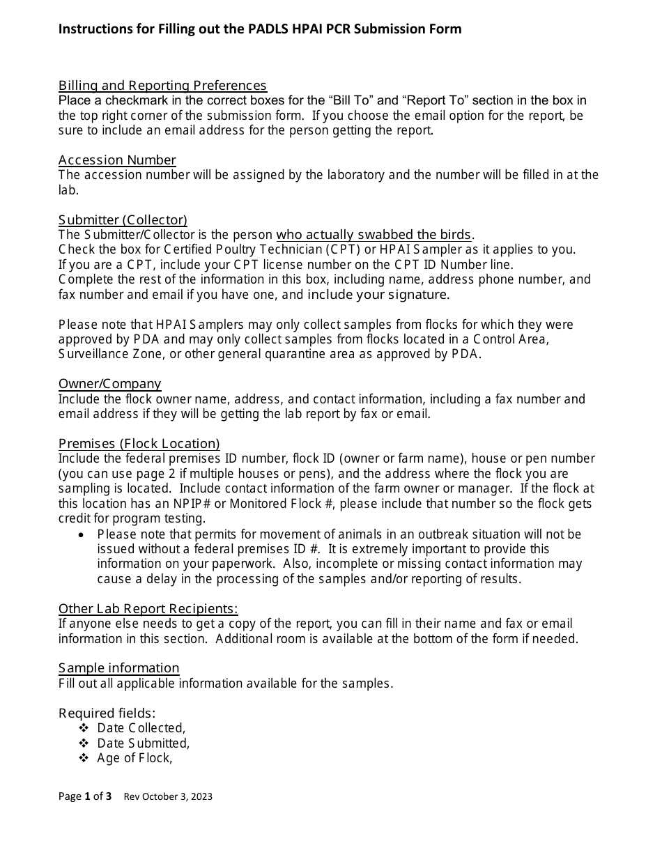 Instructions for PD AVIAN Form 02 High Path Avian Influenza Pcr Submission Form - Pennsylvania, Page 1