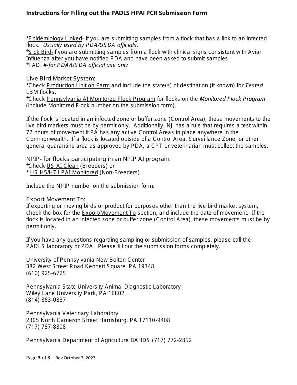 Instructions for PD AVIAN Form 02 High Path Avian Influenza Pcr Submission Form - Pennsylvania, Page 3