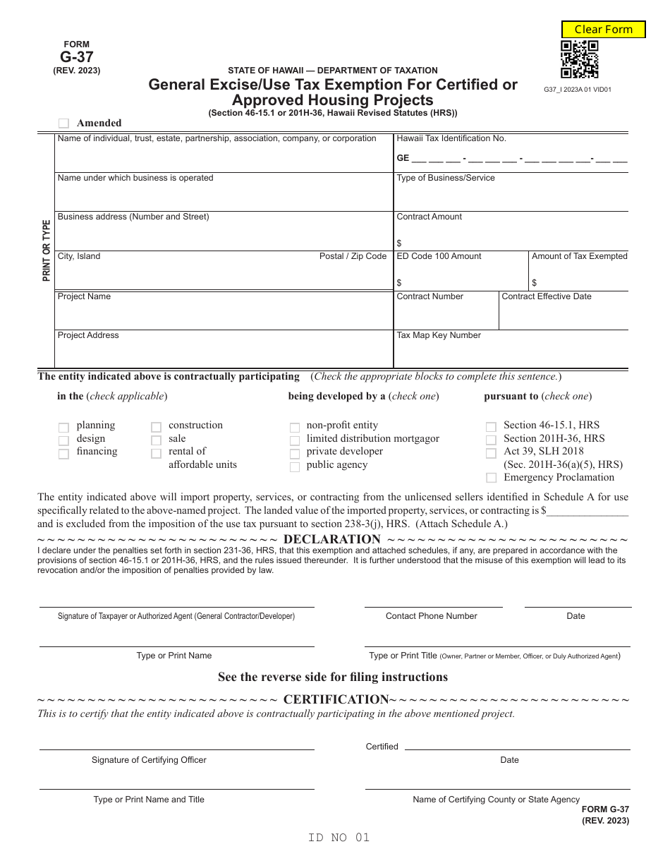 Form G-37 General Excise / Use Tax Exemption for Certified or Approved Housing Projects - Hawaii, Page 1