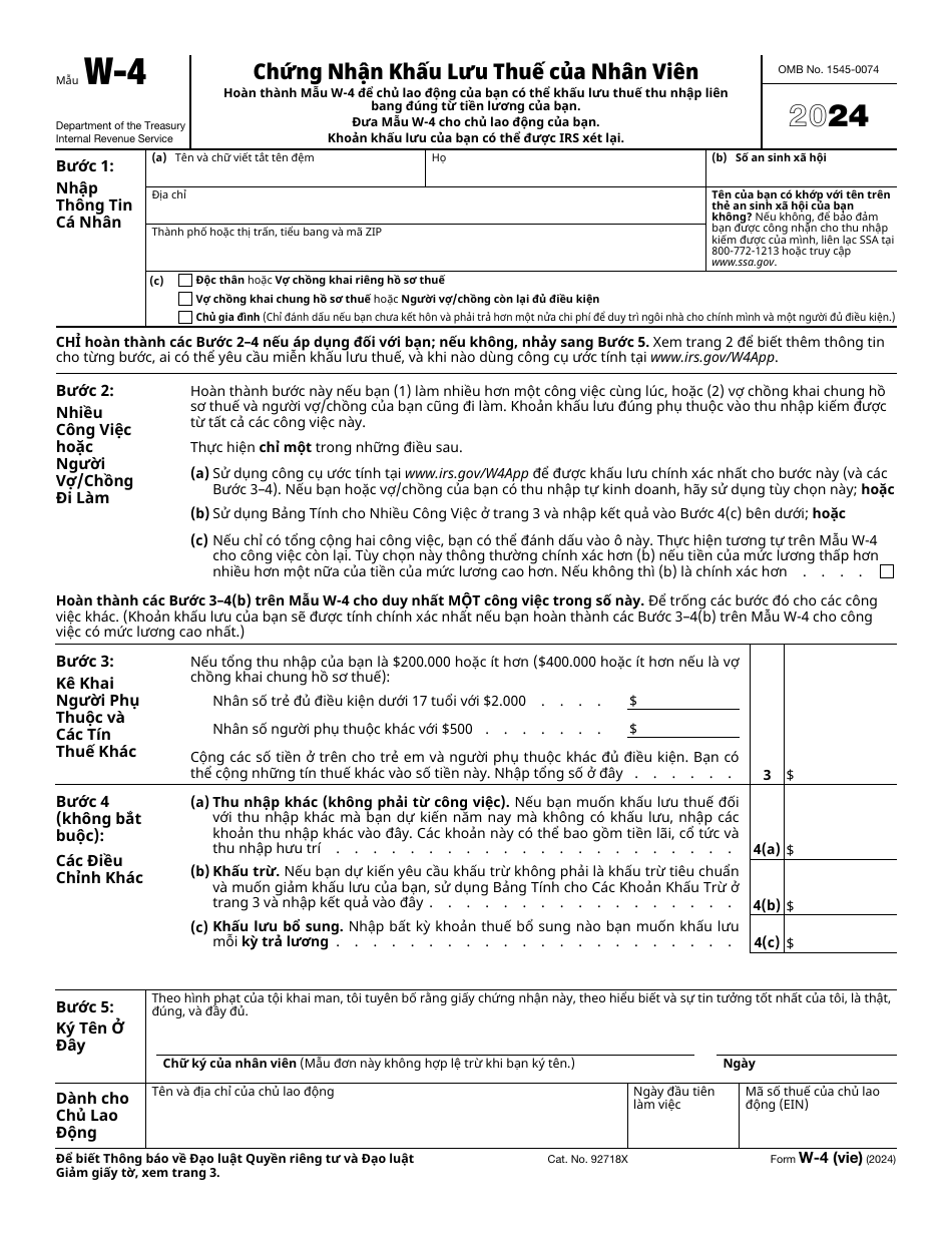 IRS Form W-4 (VIE) Employees Withholding Certificate (Vietnamese), Page 1