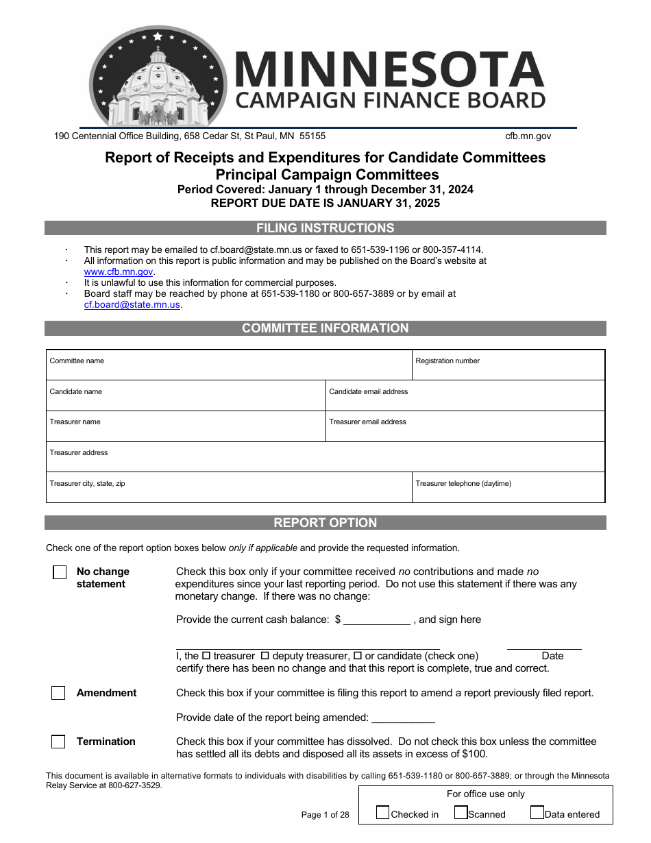 Report of Receipts and Expenditures for Candidate Committees Principal Campaign Committees - Minnesota, Page 1