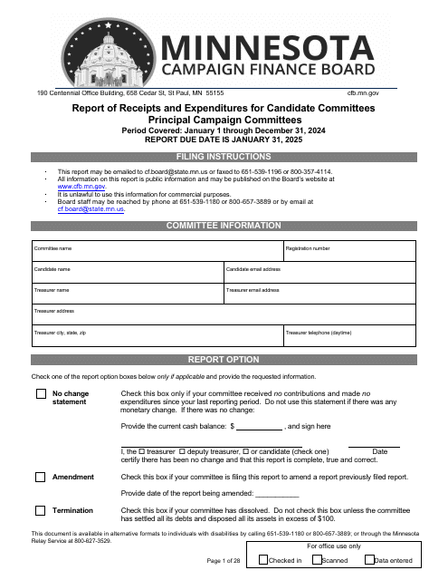 Report of Receipts and Expenditures for Candidate Committees Principal Campaign Committees - Minnesota Download Pdf