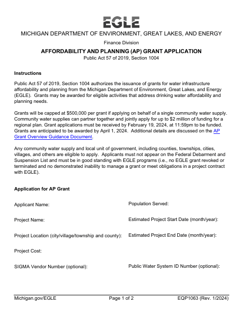 Form EQP1063 Affordability and Planning (Ap) Grant Application - Michigan