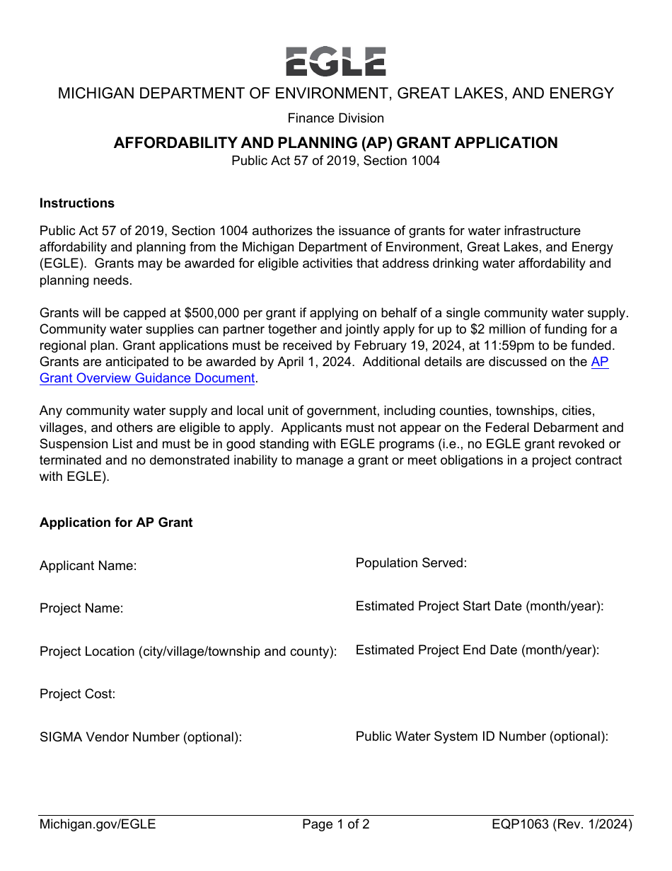 Form EQP1063 Affordability and Planning (Ap) Grant Application - Michigan, Page 1