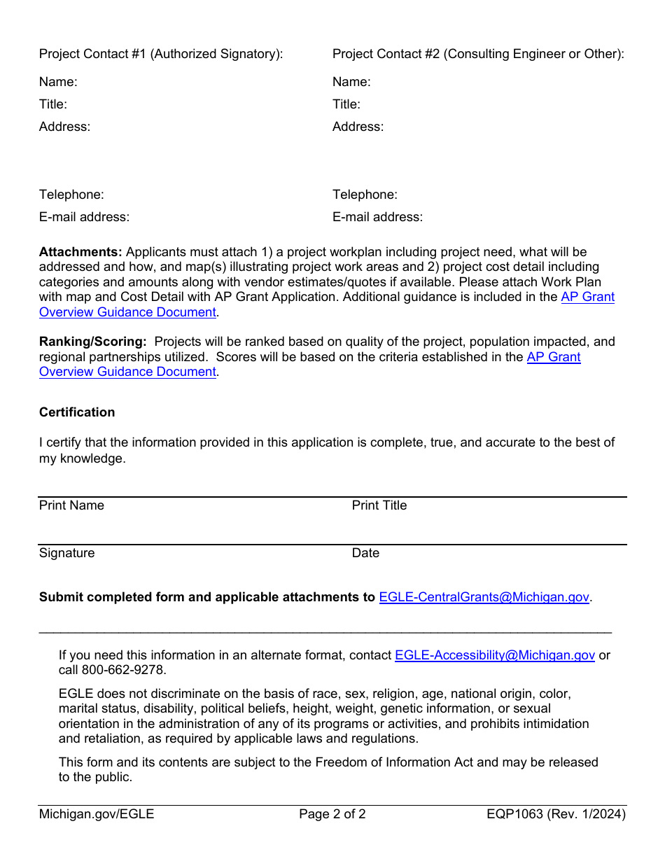 Form EQP1063 Affordability and Planning (Ap) Grant Application - Michigan, Page 2