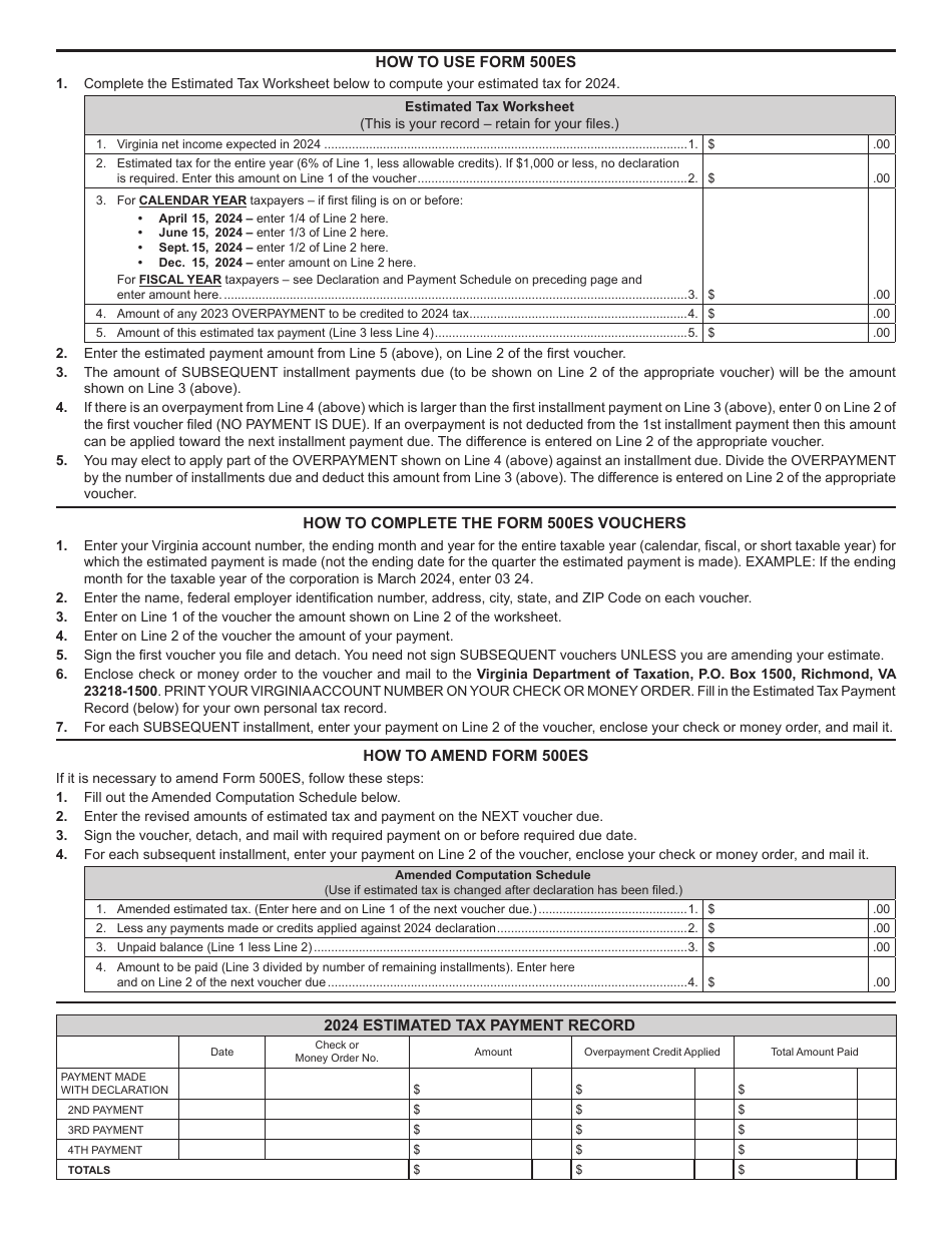 Form 500ES Corporation Estimated Income Tax Payment Vouchers - Virginia, Page 2
