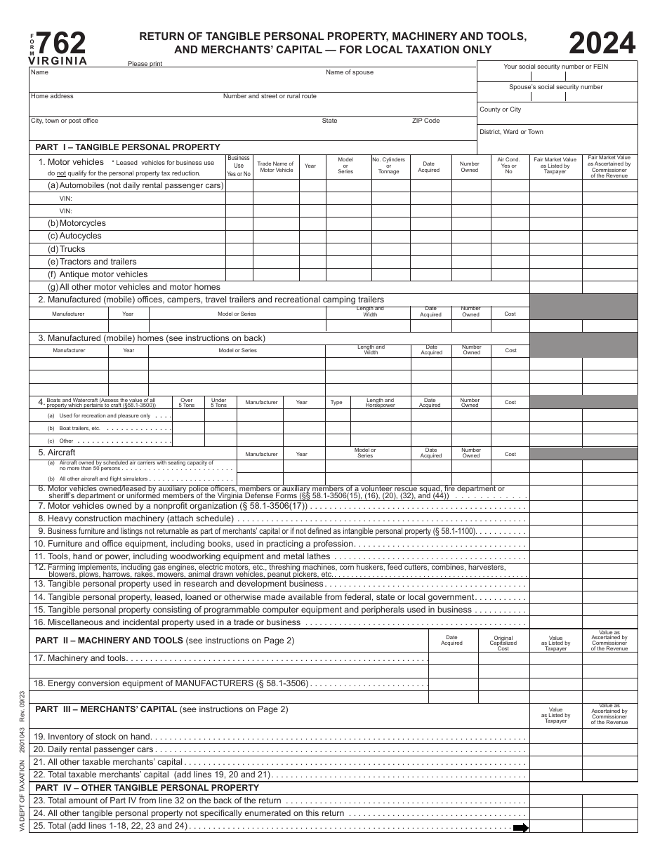 Form 762 Download Fillable PDF or Fill Online Return of Tangible