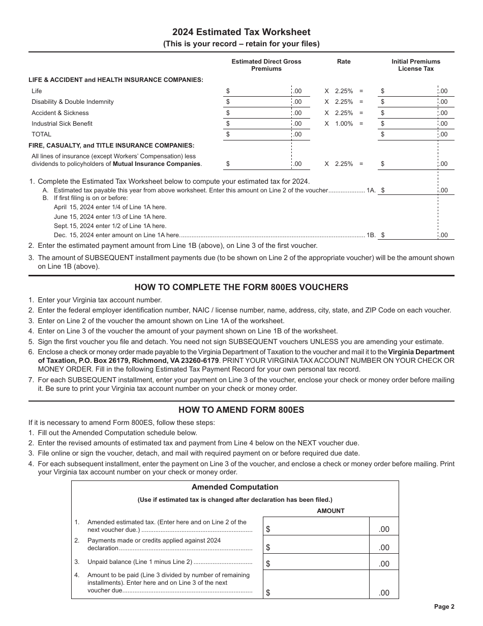 Form 800ES Virginia Insurance Premiums License Tax Estimated Tax Payment Vouchers - Virginia, Page 2