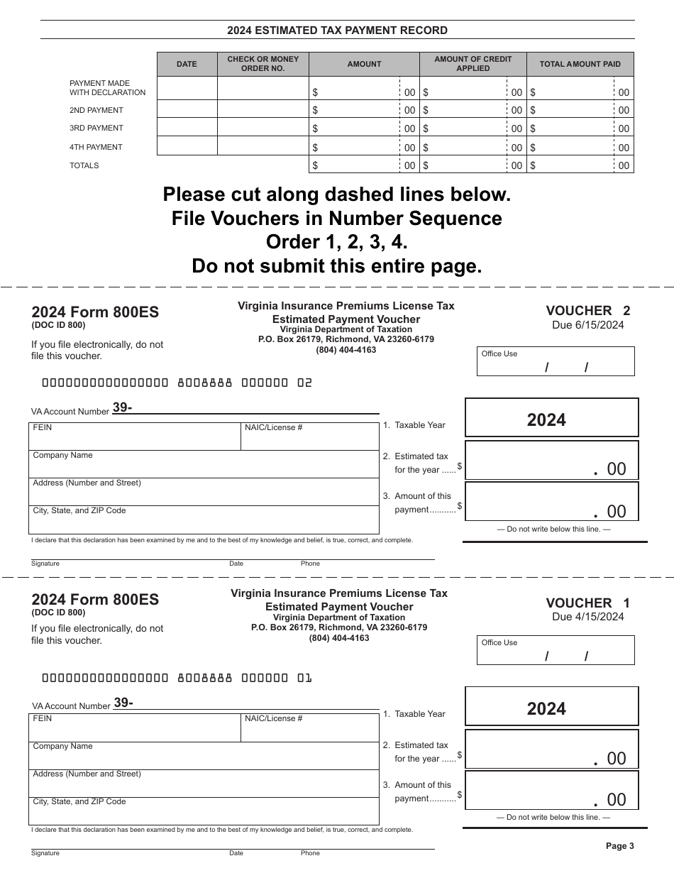 Form 800ES Virginia Insurance Premiums License Tax Estimated Tax Payment Vouchers - Virginia, Page 3