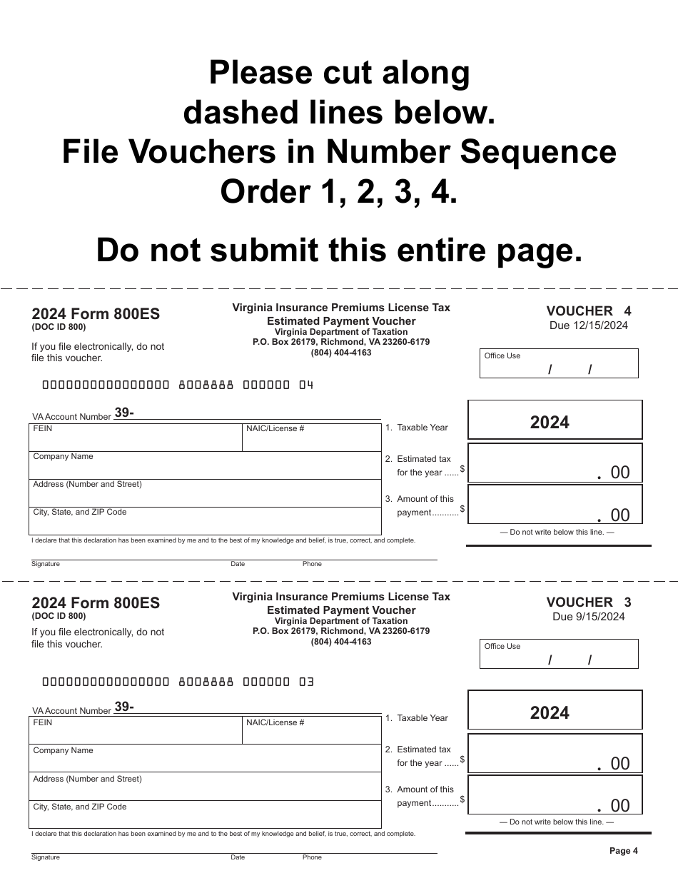 Form 800ES Virginia Insurance Premiums License Tax Estimated Tax Payment Vouchers - Virginia, Page 5