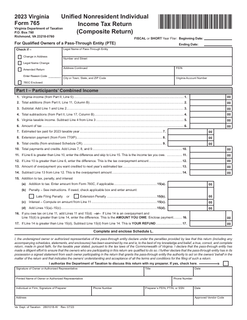 Form 765 Unified Nonresident Individual Income Tax Return (Composite Return) - Virginia, 2023