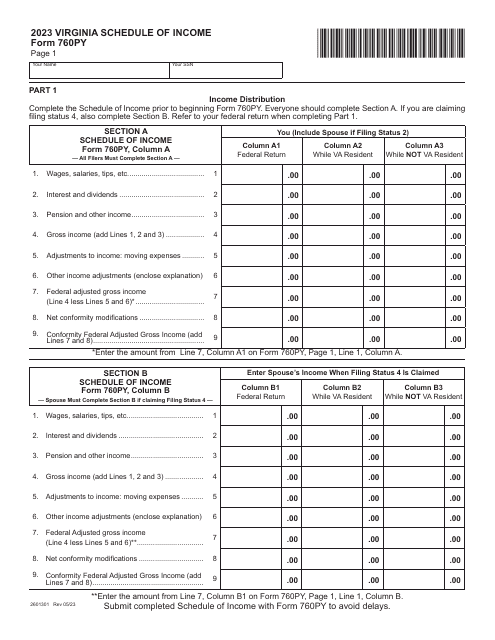 Form 760PY Virginia Schedule of Income - Virginia, 2023