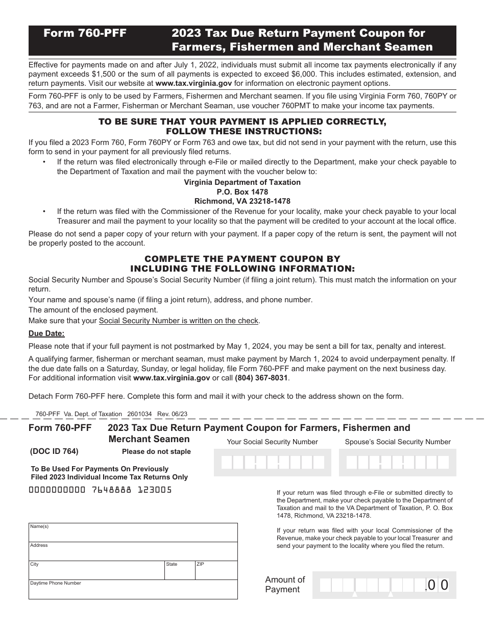 Form 760-PFF Tax Due Return Payment Coupon for Farmers, Fishermen and Merchant Seamen - Virginia, Page 1