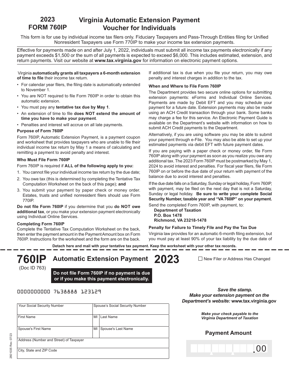 Form 760IP Virginia Automatic Extension Payment Voucher for Individuals - Virginia, Page 1