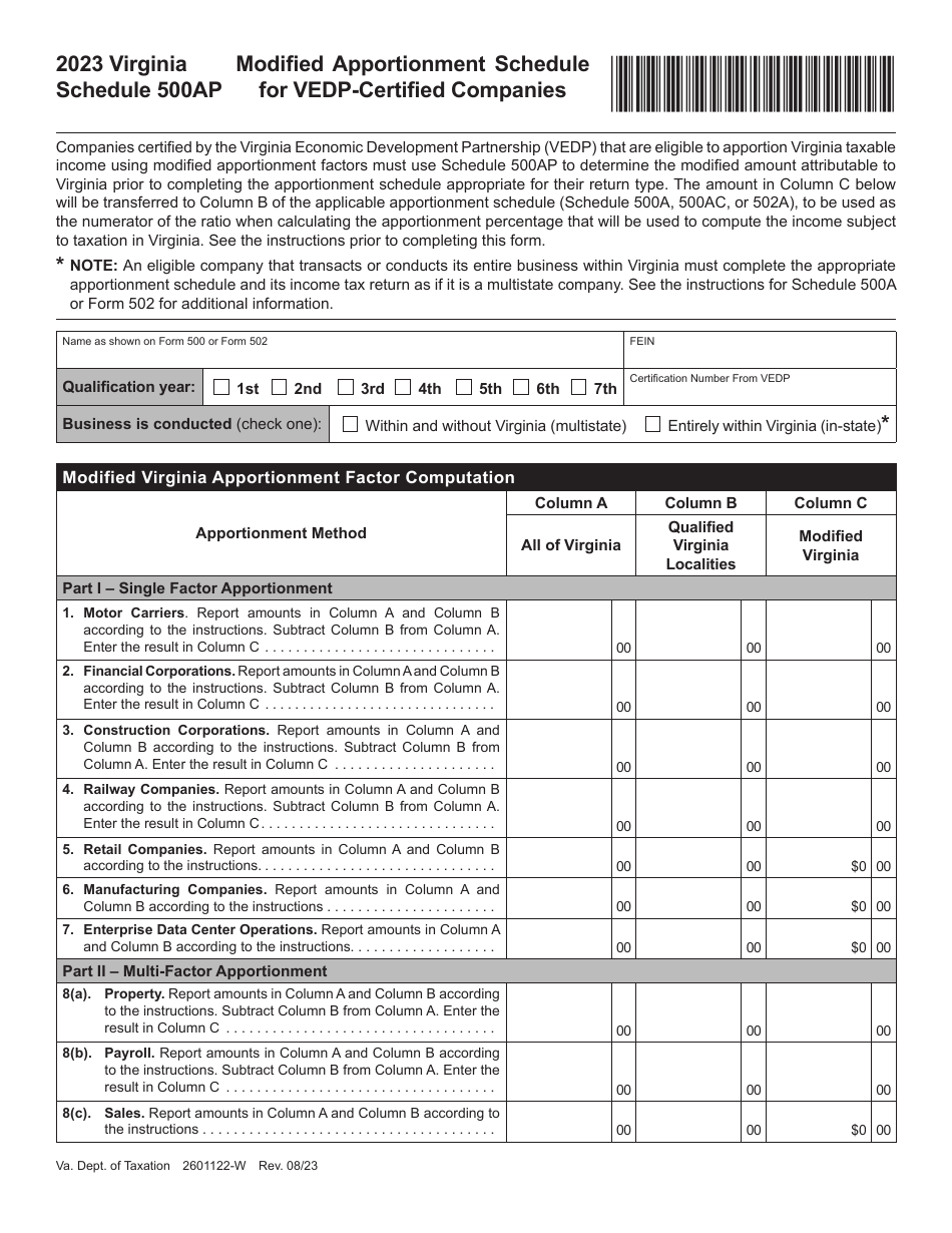 Schedule 500AP Modified Apportionment Schedule for Vedp-Certified Companies - Virginia, Page 1