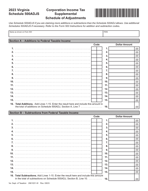 Schedule 500ADJS Corporation Income Tax Supplemental Schedule of Adjustments - Virginia, 2023