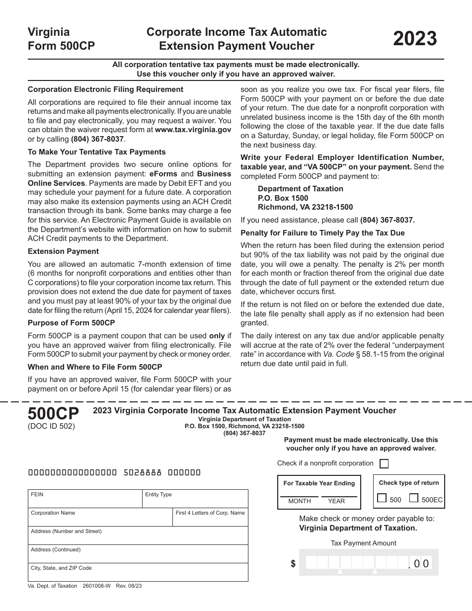 Form 500CP Corporate Income Tax Automatic Extension Payment Voucher - Virginia, Page 1