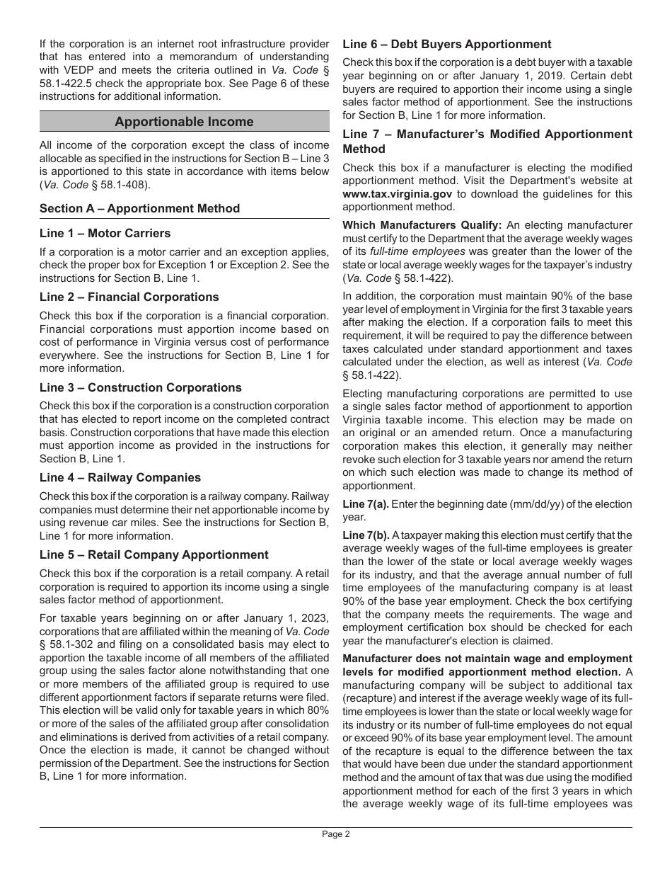 Instructions for Schedule 500A Corporation Allocation and Apportionment of Income - Virginia, Page 2